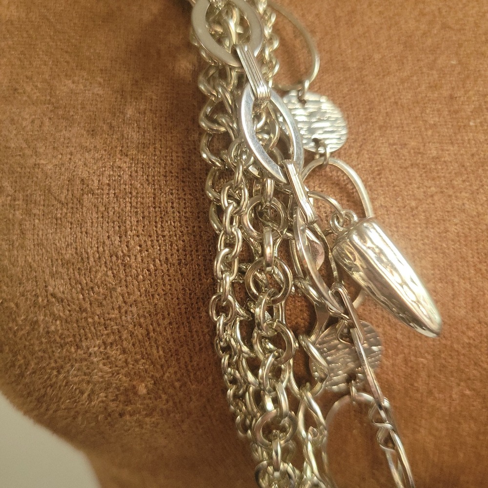 Silver Tone 5 Strand Layered Charm Necklace Cross Heart Key One Size Grunge - Picture 2 of 5